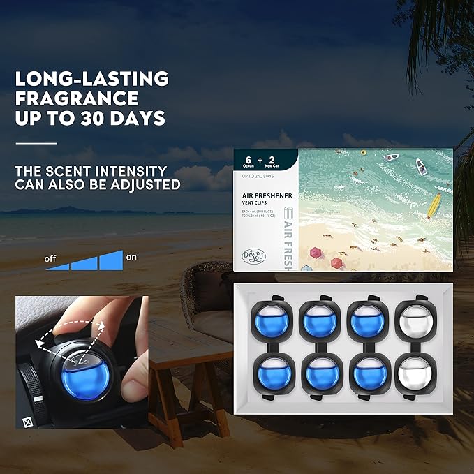 Car Air Freshener Vent Clips, 8 PK, 6 Ocean, 2 New Car Scent, Long Lasting Air Fresheners for Men & Women, Up to 240 Days, Odor Eliminator