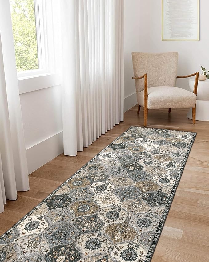 Lahome Moroccan Kitchen Runner Rug, 2'5''x8' Ultra-Thin Soft Washable Runner Oriental Non-Slip Hallway Rug Indoor Throw Carpet for Entryway Bedroom Laundry Room Foyer Elise, Grey