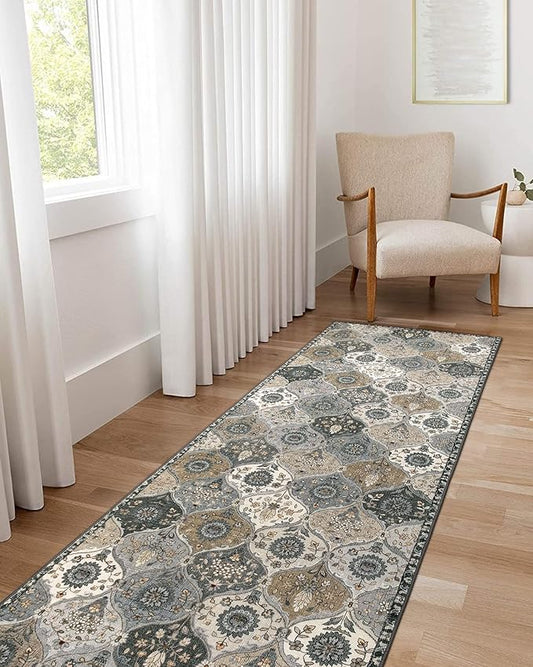 Lahome Moroccan Kitchen Runner Rug, 2'5''x8' Ultra-Thin Soft Washable Runner Oriental Non-Slip Hallway Rug Indoor Throw Carpet for Entryway Bedroom Laundry Room Foyer Elise, Grey