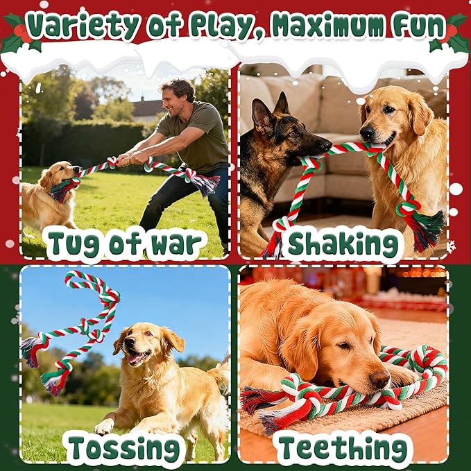 Tough Christmas Dog Rope Toys for Aggressive Chewers- Tough Tug of War & Chew Toys for Large, Medium & Small Dogs, 5 Pack Including 2 Ropes & 3 Supplies
