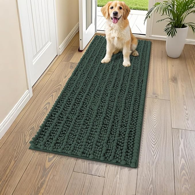 Smiry Dog Door Mat for Muddy Paws 47x24, Extra Soft Absorbent Chenille Doormat, Trap Moisture and Dirt, Non-Slip Machine Washable Front Door Mat for Indoor Entrance Inside Floor, Green