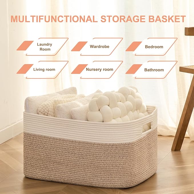 SIXDOVE 75L Large Blanket Basket, Toy Basket Bin for Kids, Cotton Rope Woven Storage Basket for Living Room, Nursery, Baby Room Decorative Organizer, 22''×17''×12'', Brown and White