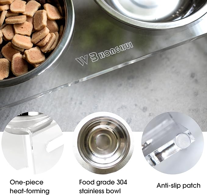 Tilted Raised Elevated Food and Water Bowls Stand for Medium or Large Dogs - Puppy's Clear Acrylic Stainless Steel Dishes Holder for Boy or Girl Pet, Modern, Durable and Easy to Clean (Large-Clear)