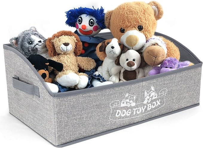 Foldable Pet Toy Storage Box with 3 Handles, Portable Organizer Basket for Dog Toys, Blankets & Accessories, White Dogs