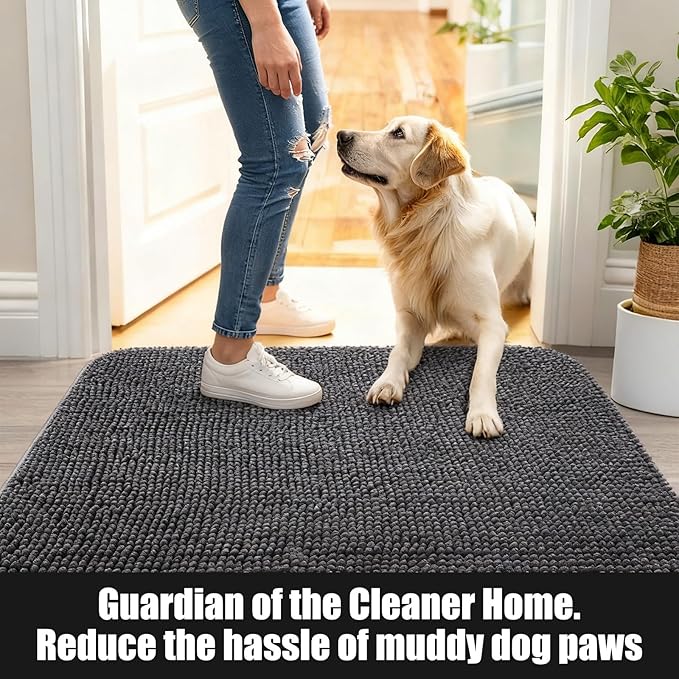 WAYNHUI Dog Door Mat for Muddy Paws 24"x 70" Large- Absorbent Dirt Trapper Quick Dry Non Slip Washable Chenille Mud Mat for Dogs, Front Door mat Indoor Entrance Pets Rug, Dark Grey (24"x 70")