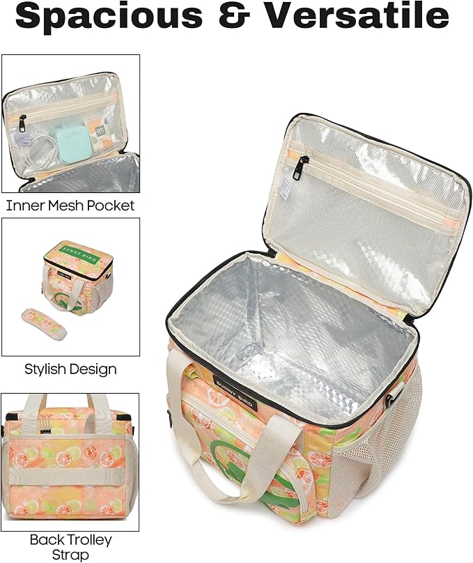 SUNNY BIRD 12L Large Insulated Lunch Bag, Leakproof and Foldable Lunch Cooler Box for Women Adult and Men, Fits 18 Cans (Grapefruit Pink)