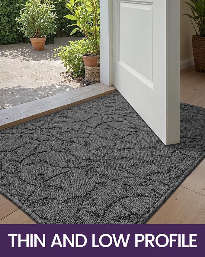 DEXI Front Door Mat Inside Entrance 24x36, Non Slip Dirt Trapper Doormat, Low Profile Thin Entry Mat, Absorbent Easy Clean Welcome Mats for Entryway, Patio, Branch Leaf Grey