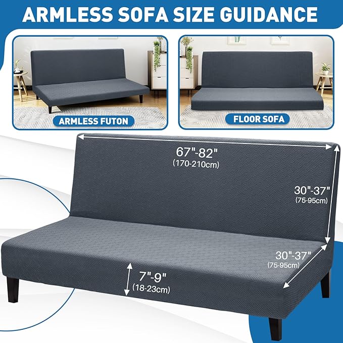 ZNSAYOTX Stretch Fit Futon Cover (67"-82") Armless Futon Sofa Bed Slipcover with Elastic Band, Universal Foldable Sofa Mattress Protector Full Queen Size, Washable Comfort Jacquard (Dark Grey)