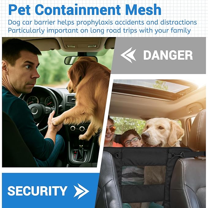 Wellbro Dog Car Backseat Barrier, Padded and Durable Nylon Net Pet Barrier, Vehicle Travel Dog Fence with 2 Mesh Windows, for Safe Driving, Easy to Install and Adjust for All Cars