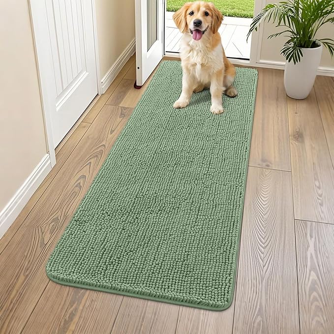 Smiry Dog Door Mat for Muddy Paws 59x24, Absorbs Moisture and Dirt Doormat, Non-Slip Washable Quick Dry Chenille Front Door Mat Indoor Entrance, Entryway Carpet for Inside Floor, Olive Green