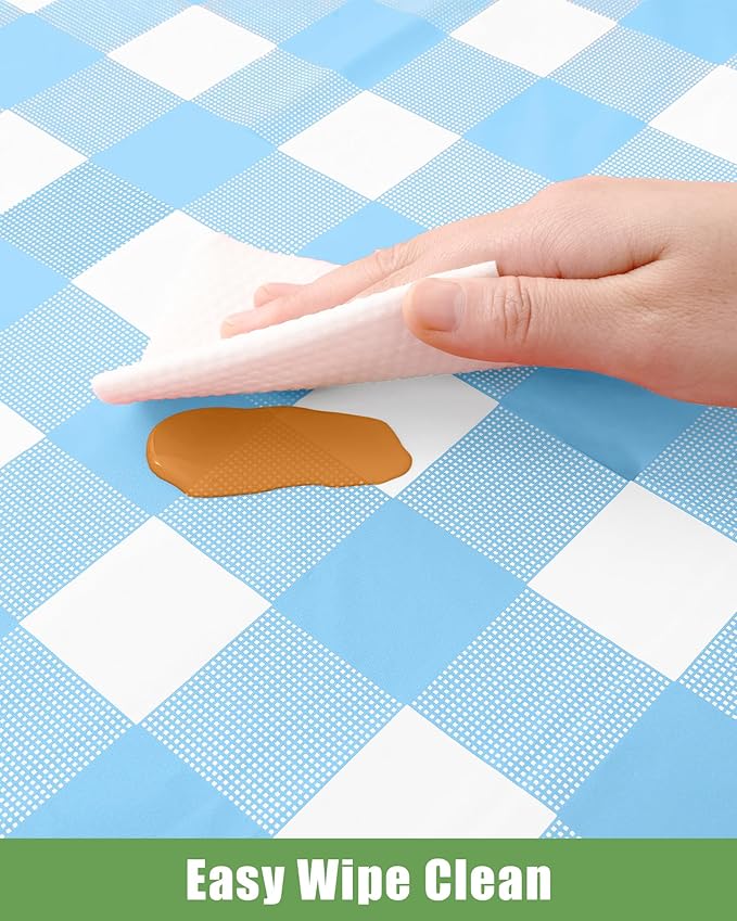 Smiry 12 Packs Gingham Disposable Table Cloth, 54 x 108 Inch Waterproof Plastic Tablecloth, Rectangle Baby Blue and White Checkered Table Covers for Picnic, Birthday, Party