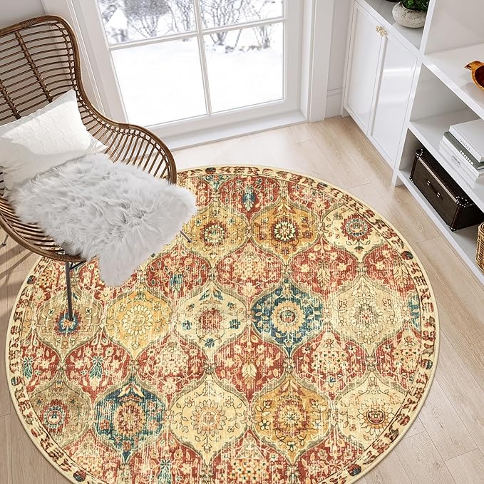 Lahome Moroccan Trellis Washable Round Area Rug, Soft Round Rugs 6ft Ultra-Thin Non-Slip, Vintage Large Circle Carpet for Bedroom Living Room Kitchen Nursery Elise, Red/Orange