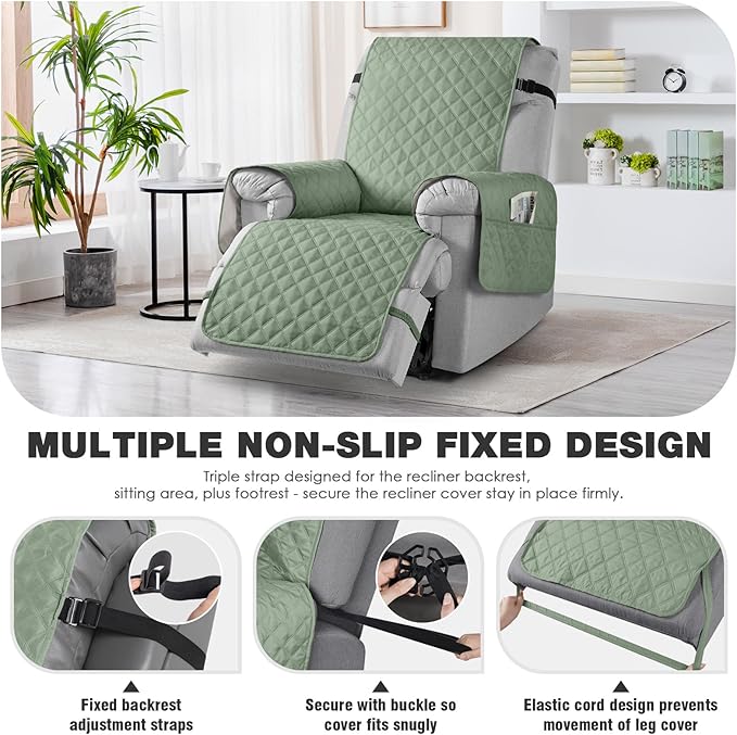 TAOCOCO 100% Waterproof Recliner Chair Cover Non-Slip Reclining Cover for Recliner Chair Washable Chair Seat Cover with Elastic Straps for Pets Sofa Slipcover with Pocket (Oversized 28'', Sage Green)