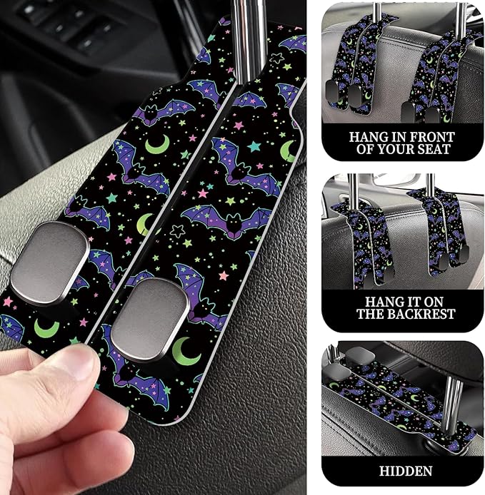 PU Leather Car Seat Hook, Storage Headrest Hanger, Cute Car Backseat Organizer, Car Hooks For Purses and Bags Purple Bat Moon