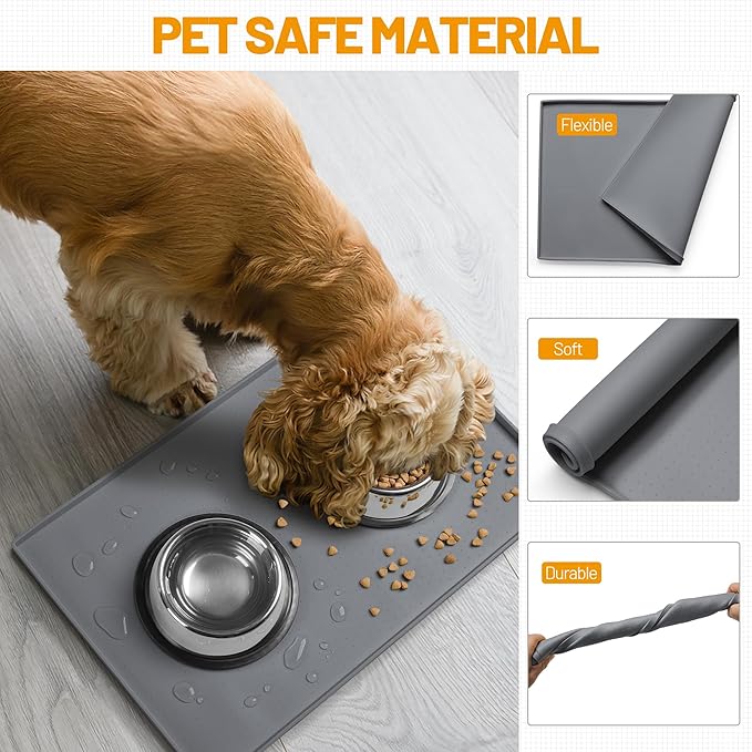 Hubulk Dog Feeding Mat,100% Waterproof Food Grade Silicone Pet Food and Water Bowl Placemat,Dishwasher, High Raised Edge to Prevent Spills,Nonslip Tray to Stop Messes on Floor (32"x24"x1.0", Grey)