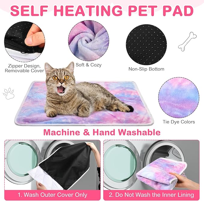 Clysee 4 Pack Self Heating Cat Bed Cat Self Warming Pad with Removable Cover Extra Warm Thermal Pet Pad Washable Pet Crate Mat Anti Slip Kennel for Indoor Outdoor Pets(Tie Dye,16 x 20 Inches)