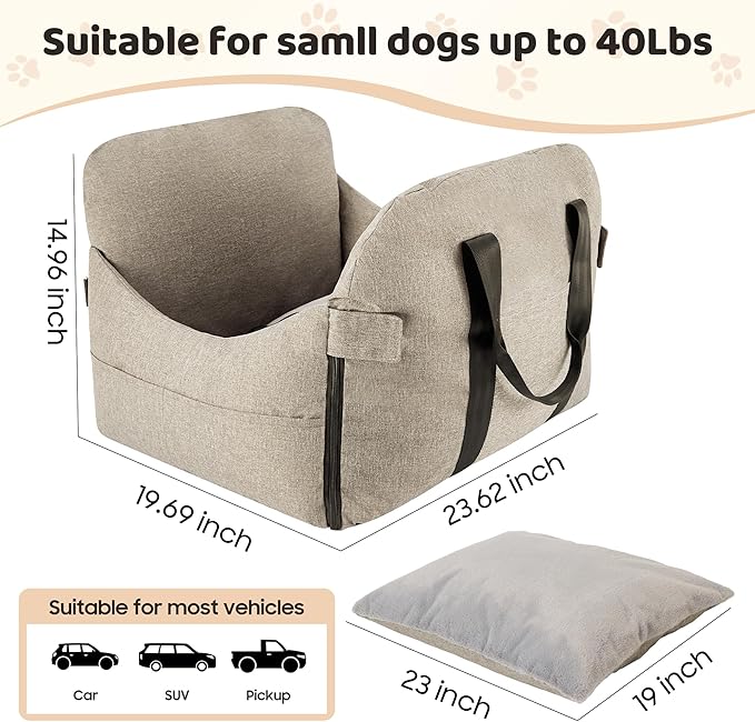 Dog Car Seat for Small/Medium Dogs.Water Repellent with Storage Pockets.Doubles as a Pet Travel Bed for Dogs Up to 40 lbs. Machine Washable Dog Carrier- Brown