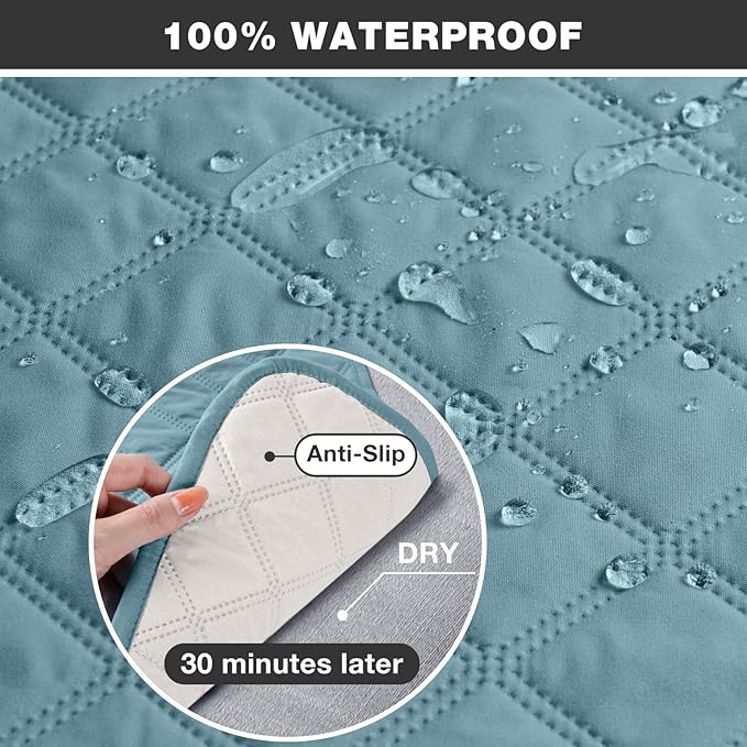 TAOCOCO 100% Waterproof Recliner Couch Covers, Recliner Sofa Covers with Leg Straps, 1-Piece Washable Reclining Sofa Cover with Pocket Couch Protector for Pets Kids(3 Seater, Sky Blue)