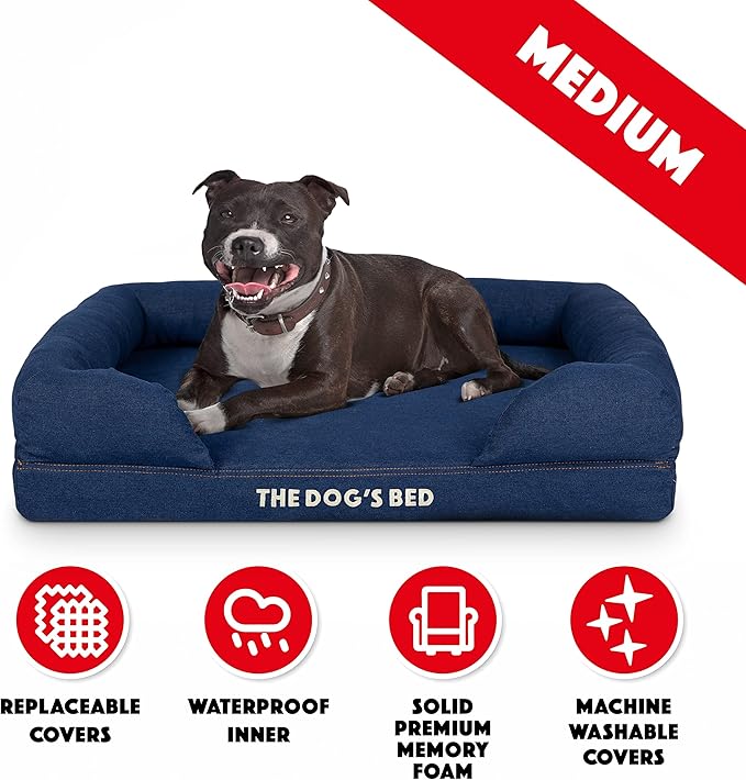 The Dog’s Bed, Med Blue Denim 30x23.5, Memory Foam, Pain Relief: Arthritis, Hip & Elbow Dysplasia, Post Surgery, Lameness, Supportive, Calming, Waterproof Washable Cover, Veterinary Approved