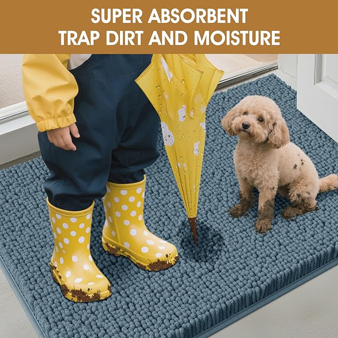 IM HOME Dog Door Mats for Muddy Paws, 30" X 20" Chenille Absorbent Doormat, Non Slip Heavy Dog Rugs for Muddy Paws, Soft Indoor Door Mat for Entryway, Mud Paw, Inside Floor, Dusty Blue