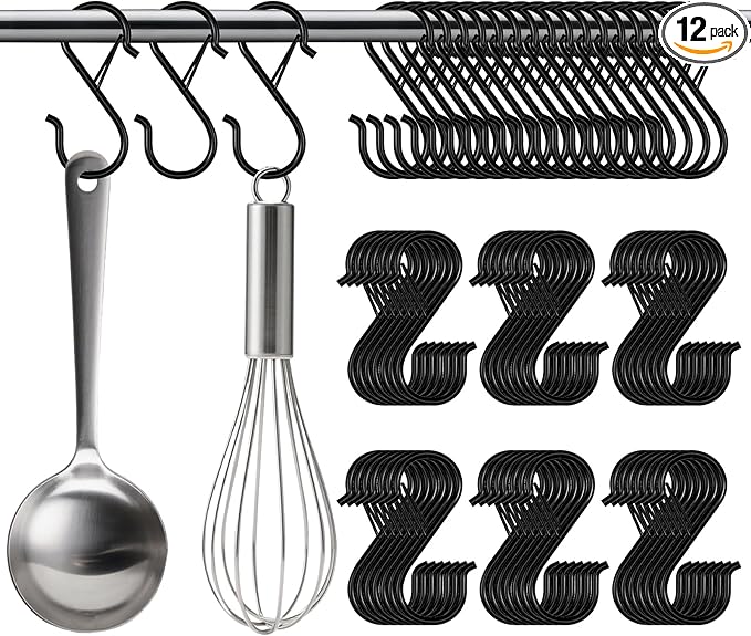 S Hooks for Hanging Hanger,Purse Hooks Hanging Bag Hanger,3.5-inch Heavy Duty Metal S Hook with Safety Buckle Metal S Shaped Hooks for Home Kitchen Closet Organizer,Suitable for 0.5 inch Rods (12)