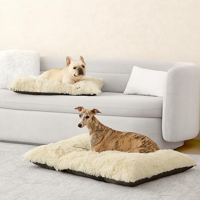 EHEYCIGA Fluffy XXL Dog Crate Pad, Plush Faux Fur Crate Bed for Extra Large Dogs, Calming Anti Anxiety XXL Dog Bed, Washable Warm Mat with Non-Slip Bottom, Ivory Beige