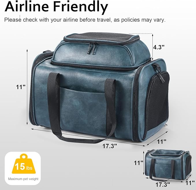 Bosnanller Premium Leather Top Expandable Pet Carrier for Small Dogs & Cats Under 15 lbs, Airline Approved Collapsible Soft-Sided Luxury Travel Bag Blue