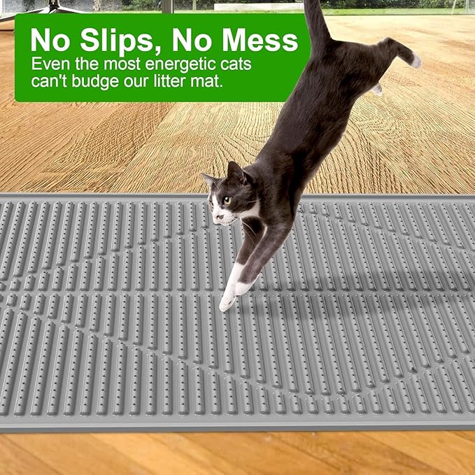 Gosmol Waterproof Cat Litter Mat, XL 28" x 20" Silicone Cat Mat for Litter Box, Large Trapping Mat with Deep Grooves, Easy Clean Non-Slip Pet Mats for Hooded/Self-Cleaning Litter Boxes - Grey