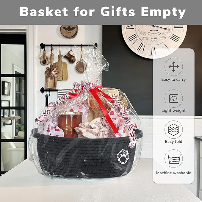 Dog Toy Basket, Black Woven Baskets for Cats Toys Organizer, Baby Gift Basket for Nursery Bedroom, Cute Pet Toy Box with Handles