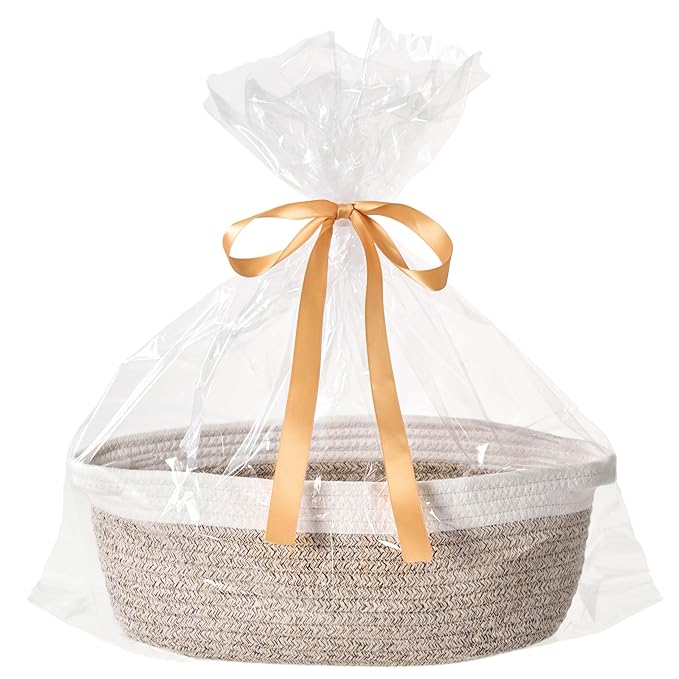 Small Woven Gift Basket Empty with Bag & Ribbon - Gifts for Mom, Baby Shower, Birthdays & Raffle - Cotton Rope Storage Basket for Dog Toys or Shelf - 12"x8"x5", White & Brown