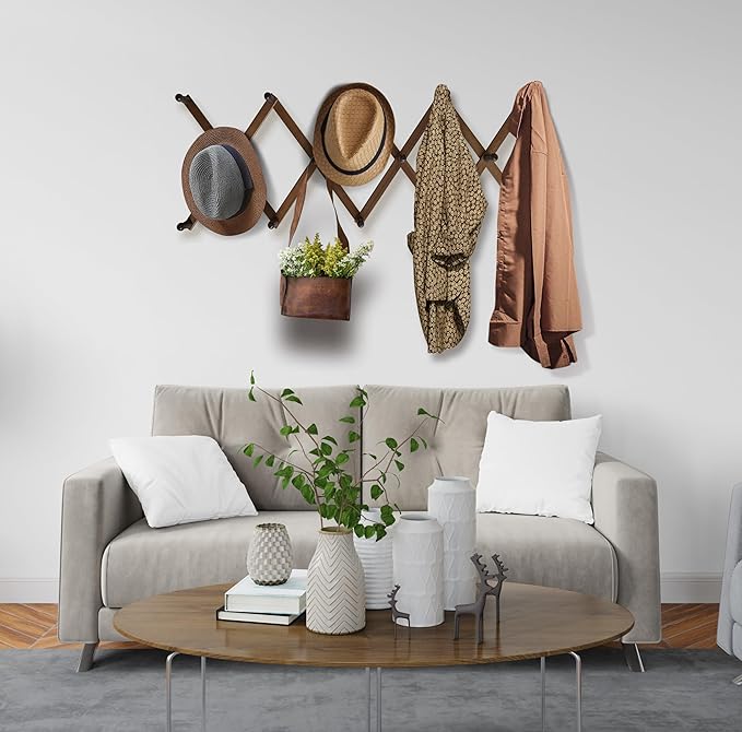 Mercurial Trade Expandable Wooden Coat Rack Hanger – Accordion Wall Mounted Pine Wood Hooks – Hand Made Vintage Expending Pegs – Hang Coat, Jacket, Hat, Leash, Towel, Mug, Bag – 14 Hook Dark Walnut