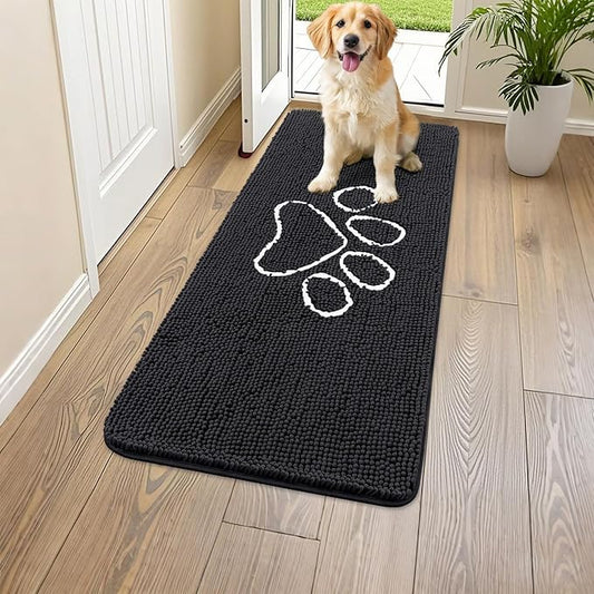 Smiry Dog Door Mat for Muddy Paws, Absorbent Dirt Trapper Non Slip Quick Dry Washable Chenille Mat for Mud Dogs, Entry Rug for Indoor and Outdoor (45x27 Inches, Black and White)
