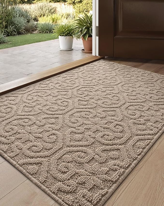 DEXI Front Door Entryway Mat Non Slip, 2x3 ft Washable Inside Entrance for House Floor Low Profile, Thin Entry Doormat Absorbent Dirt Trapper, Light Beige