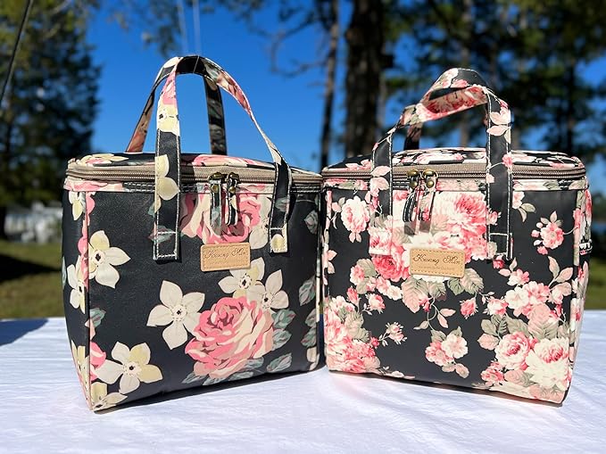 Kwang Min Floral Insulated Lunch Bag for Women,Reusable Lunch Box,Large Cooler for Office,Picnic Outdoors,Premium Waterproof Fabric,Ideal Floral Lunch Bag (Begonia Navy)