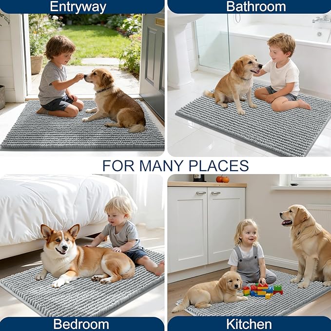 OLANLY Dog Door Mat for Muddy Paws 48x30, Ultra Absorbent Chenille Mud Doormat, Non-Slip Washable and Dirt Trapping Doormat for Indoor Entryway, Quick-Dry Indoor Pet Bed Mats for Dogs, Grey