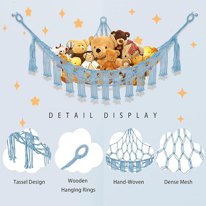 CERETIA Stuffed Animal Hammock with LED Light, Large Stuffed Animals Storage Corner Plushie Net for Kids Room Decor, 2 Packs Baby Blue