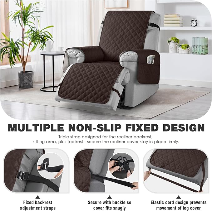 TAOCOCO 100% Waterproof Recliner Chair Cover Non-Slip Reclining Cover for Recliner Chair Washable Chair Seat Cover with Elastic Straps for Pets Sofa Slipcover with Pocket (Oversized 28'', Chocolate)