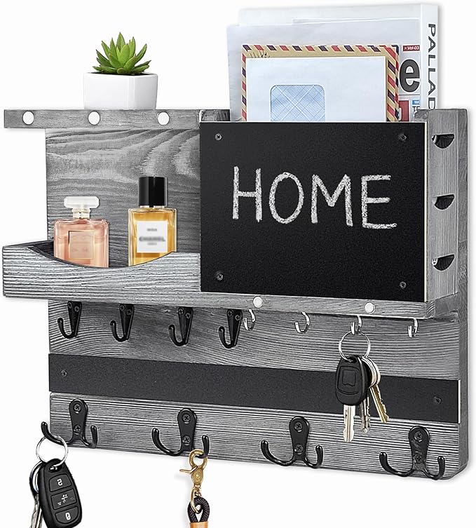 Key Holder for Wall Mount with Shelf and Mail Organizer, Key and Mail Holder with 16 Hooks, Farmhouse Entryway Organizer, Home Decor Rack(Pine Wood,Washed Gray)