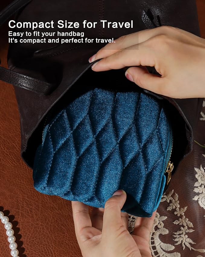 Small Travel Jewelry Case, Mini Travel Jewelry Bag with Zipper, 5-Layer Velvet Organizer Pouch for Bracelet Rings Earrings - Diamond Stitched Velvet BarbiePink