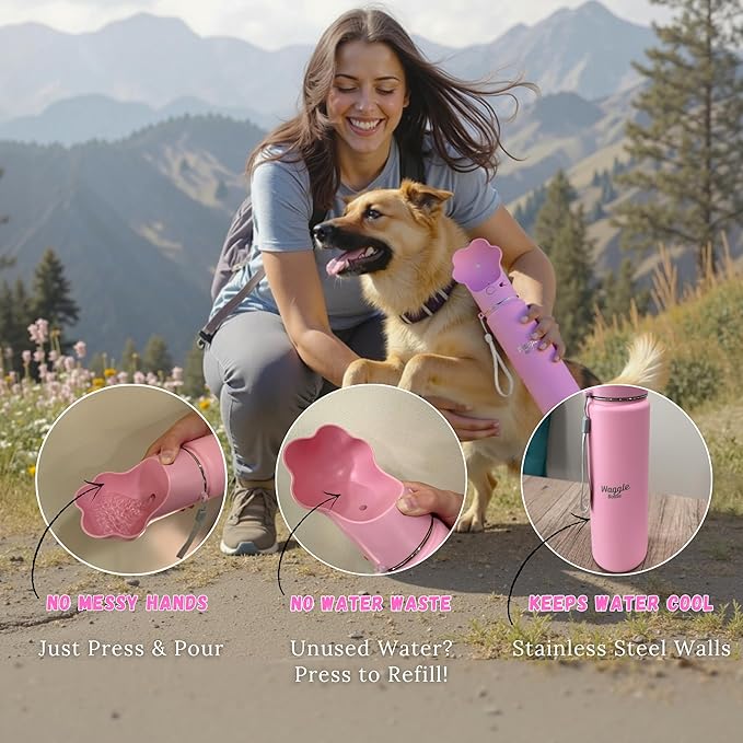 Waggle Bottle Stainless Steel Dog Travel Water Bottle, Vacuum Insulated Portable Dog Water Dispenser, Drink Cup and Snack Container On The Go, Outdoor Walking, Hiking, Travel (Pink)