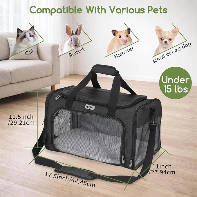 Pet Carrier for Cats & Small Dogs, Travel Carrier with Anti-Collapse Support, Chew Resistant Buckles, Luggage Sleeve, Multi-Pocket Storage, Reversible Mat & Bowl (Black, Medium (17.5"x11"x11.5"))