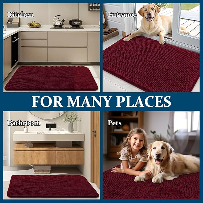 OLANLY Dog Door Mat for Muddy Paws 36x24, Absorbs Moisture and Dirt, Absorbent Non-Slip Washable Doormat, Quick Dry Chenille Mud Mat for Dogs, Entry Indoor Entryway Carpet for Inside Floor, Burgundy