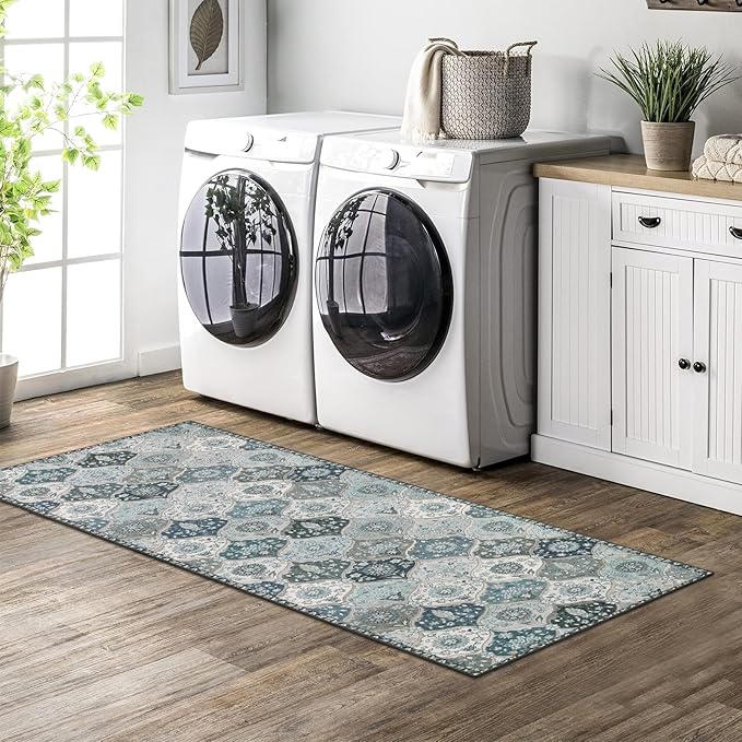 Lahome Moroccan Trellis Kitchen Runner Rug, 2x5 Washable Runners for Hallways Non Slip, Rubber Backing Ultra-Thin Vintage Carpet for Entryway Bedroom Bathroom Elise, Blue