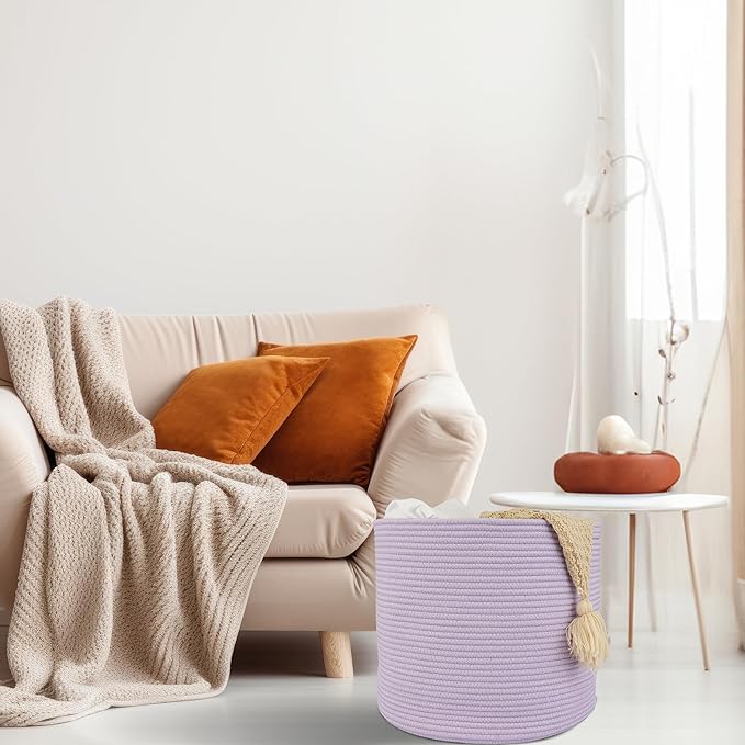 XUANGUO Cotton Rope Basket For Girls Boys Kids 16”X14” Baby Laundry Basket Nursery Bin Round Woven Baskets Organizer For Storage Toys Blankets Shoes Clothes purple