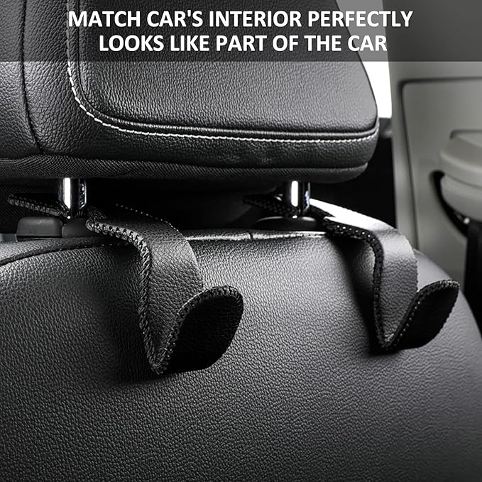 Car Purse Hook, Back Seat Headrest Genuine Leather Hangers Durable Vehicle Organizer Accessory for Hanging Grocery Bags, 4 Pack, Beige