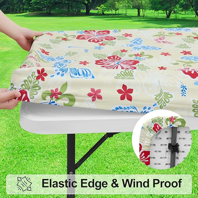 misaya Rectangle Vinyl Tablecloth, Fitted Table Cover, Waterproof, Elastic Edge, Plastic Table Cloth Fit 8 Foot Folding Tables for Picnic, Camping, Outdoor (Butterfly, 30x96 inch)