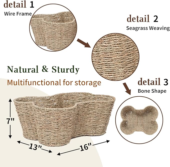 JJSQ Storage Basket Bins for Dog Toy, Pet Toy Organizer, Seagrass Baskets for Organizing, Bone Shape Basket Handmade 17" x 13" x 7"