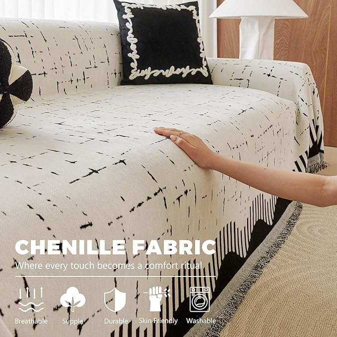 Couch Cover for 3 Cushion Sofa Pet Friendly Furniture Covers, Chenille Sofa Covers Washable L Shape, Boho Couch Blanket Cover with Tassel Decoration, 71"x 134", Beige