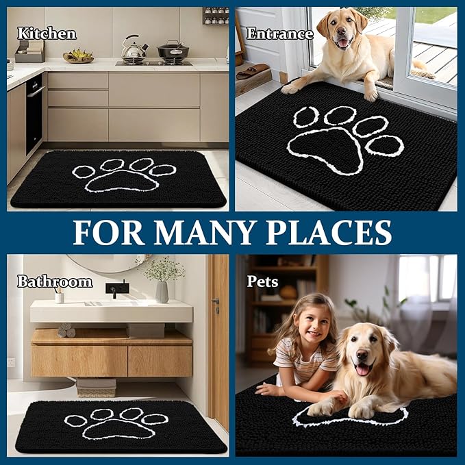 OLANLY Dog Door Mat for Muddy Paws 35x24, Paw Print Design, Absorbs Moisture and Dirt, Absorbent Non-Slip Washable Doormat, Quick Dry Chenille Mud Mat for Dogs, Entry Indoor Entryway Carpet, Black