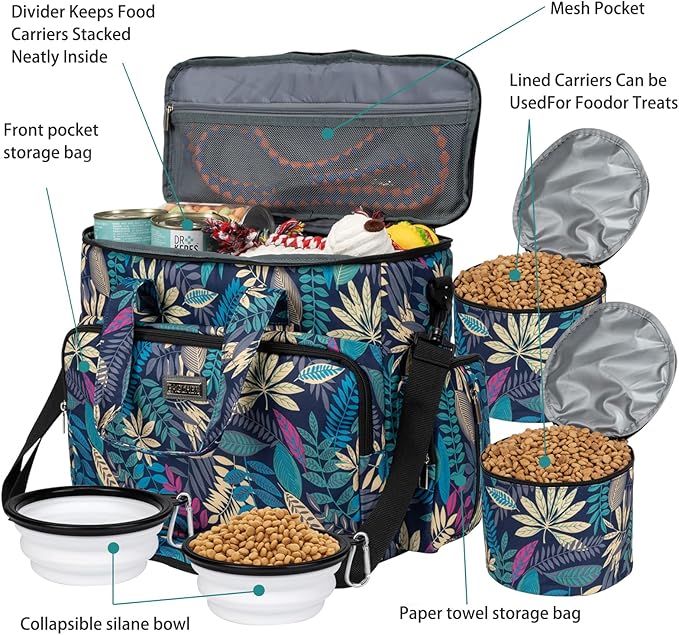 BAGLHER Dog Travel Bag, Pet Travel Bag (ALL Pet Travel Supplies), With 2 Pet Food Containers and 2 Collapsible Silicone Bowls; Essential Kits for Pet Travel Hawaii